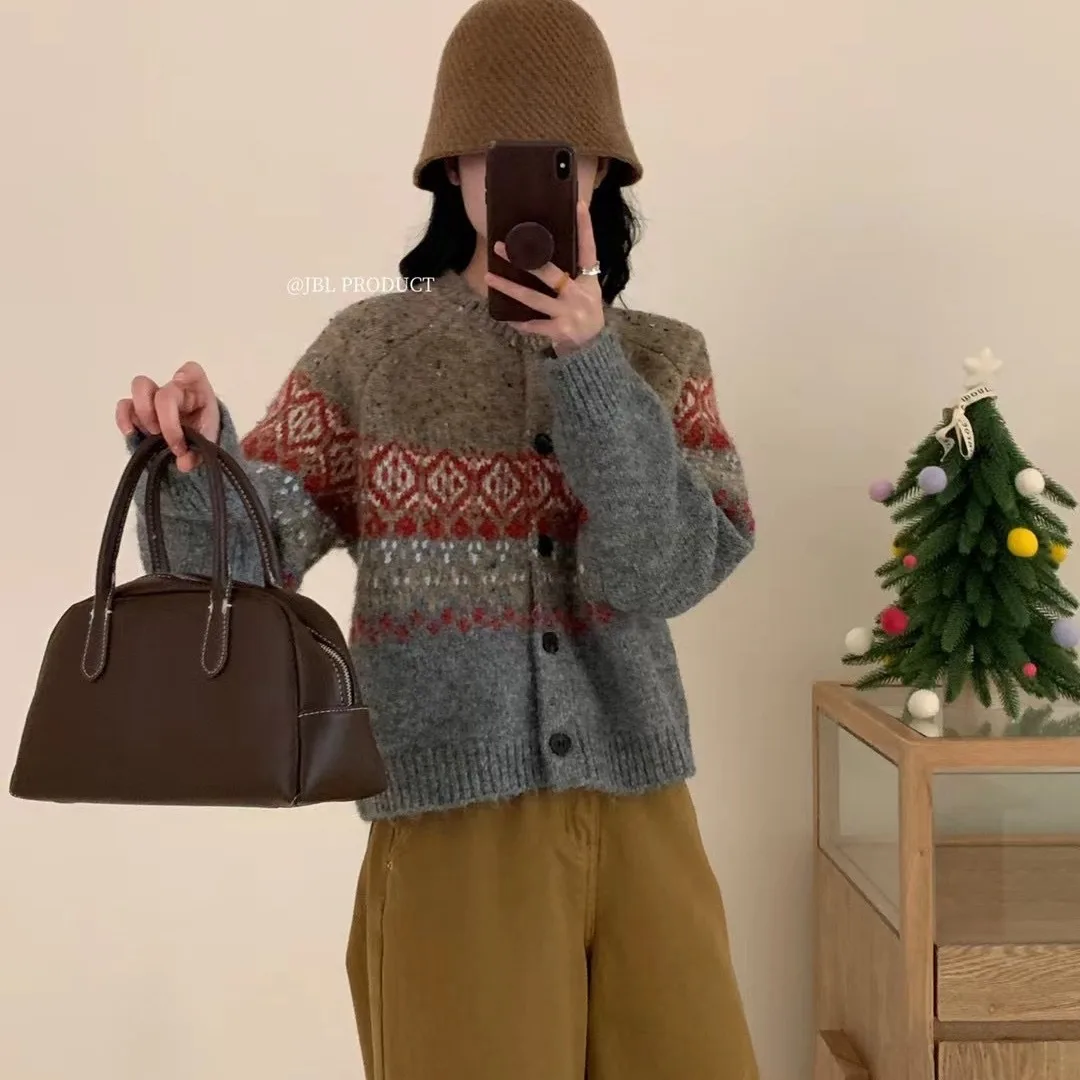 

Women Knitted Cardigan Sweaters Casual Jumpers Color Blocked Geometric Pattern Round Neck Long Sleeves Loose Fit 2025 Autumn