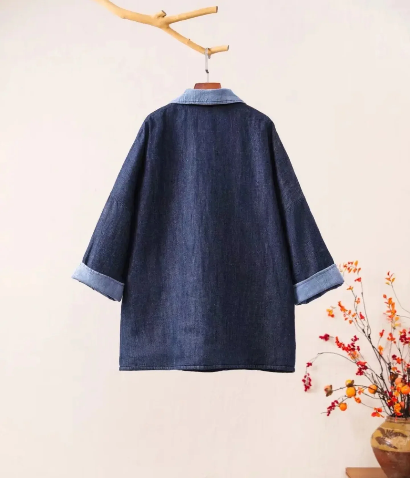 Vintage Women's winter clothing Blue denim linen cardigan padded jacket ethnic style loose embroidery cotton outerwears