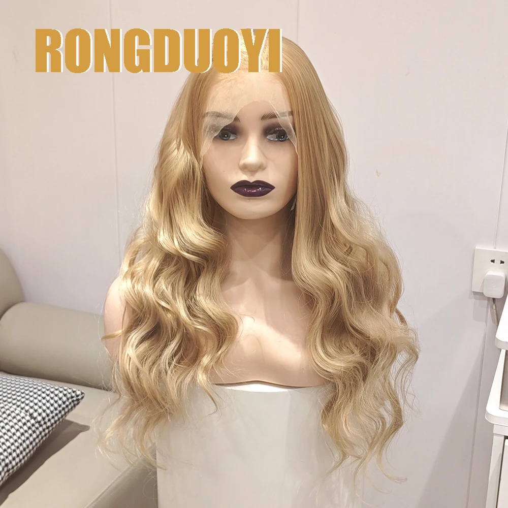 RONGDUOYI Golden Blonde Synthetic Hair Body Wave Free Part Blonde Hair Makeup Use Lace Front Wig Women Wear Glueless Blond Wigs