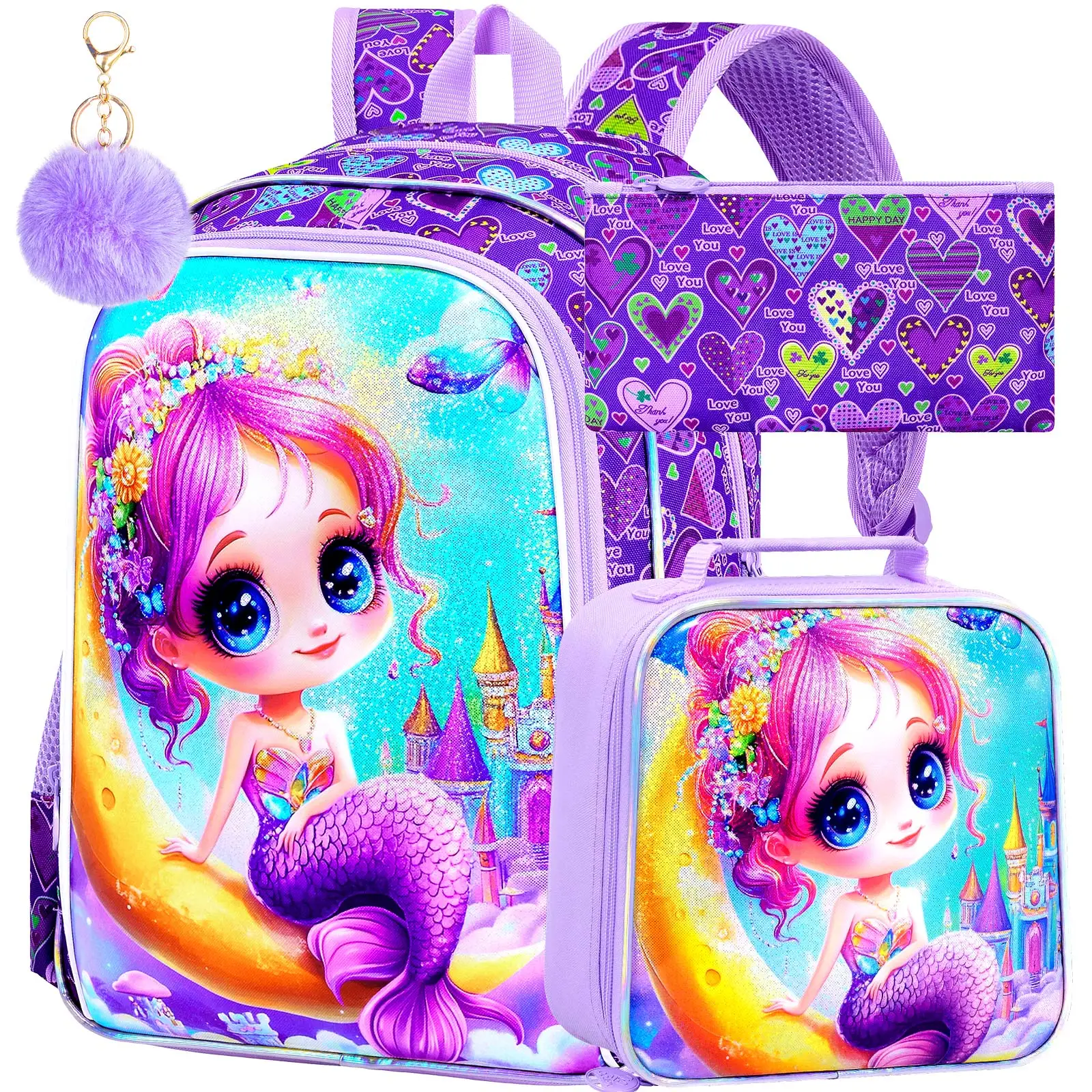 

3PCS Girls Backpack, 16" Kids Bookbag with Lunch Box, Water Resistant School Bag for Elementary Preschool Toddler