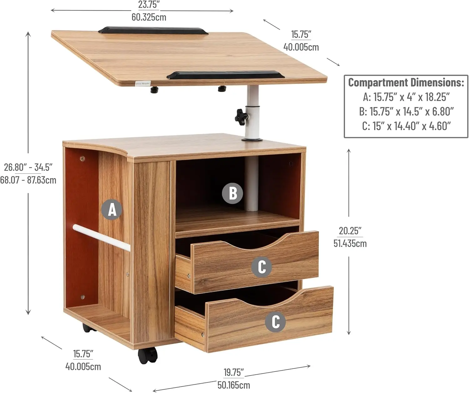 Stehpult, Laptop-Ständer, höhen verstellbar, MDF, 23.75 "" l x 15.75 "" w x 26,8-34.5 "" h, braun und silber