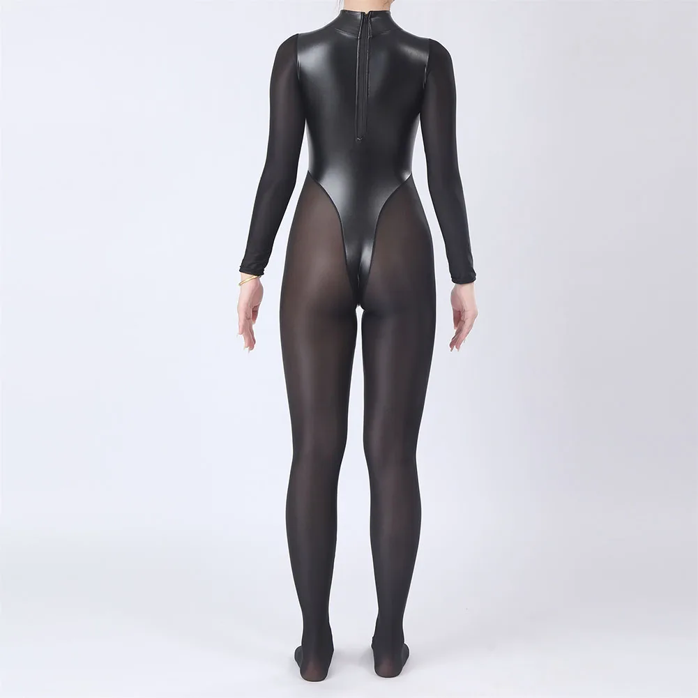 

Hot Translucent Nightclub Women Full Body Bodysuits Faux PU Leather Mesh Patchwork Lingerie Tights Clubwear