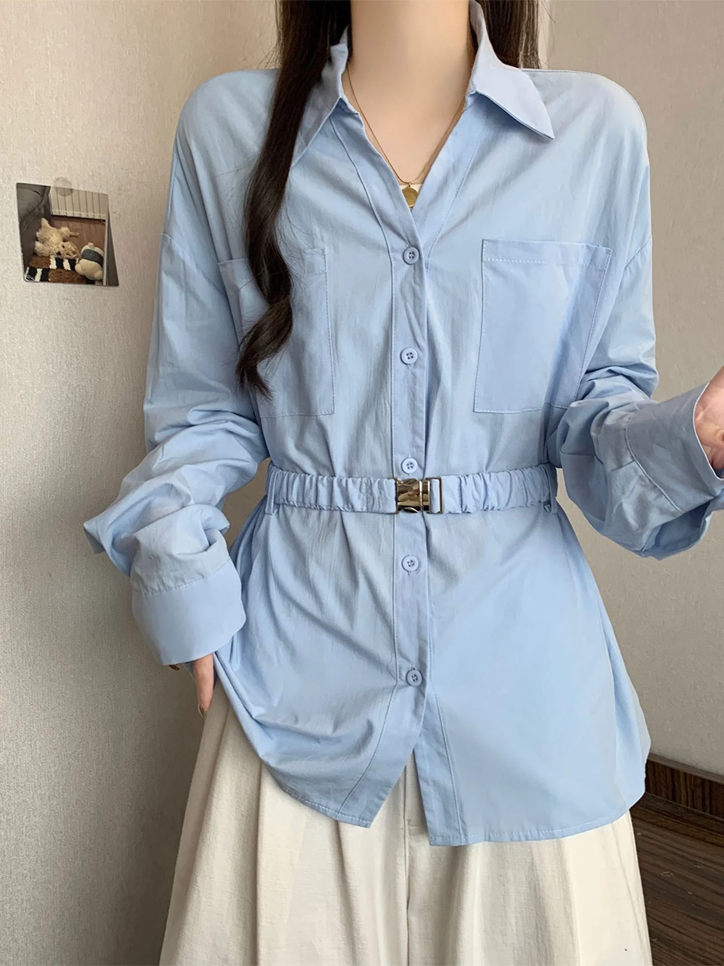 

Синяя женская блузка с длинным рукавом и воротником, больших размеров, весенний дизайн, приталенная, универсальная, красивая, в корейском стиле, для повседневной носки, модная