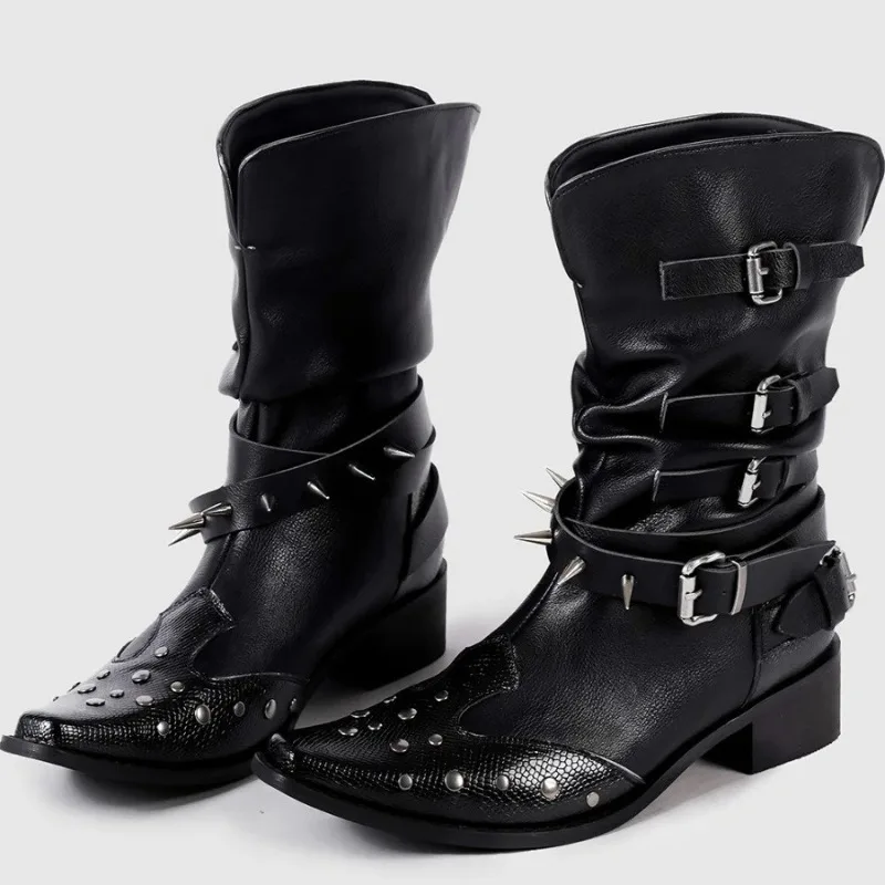 Womens Boots Fashion Belt Buckle Rivet Knight Boots Classic Black Western Cowboy Boot Thick Heel Stacking Mid-calf Leather Boots