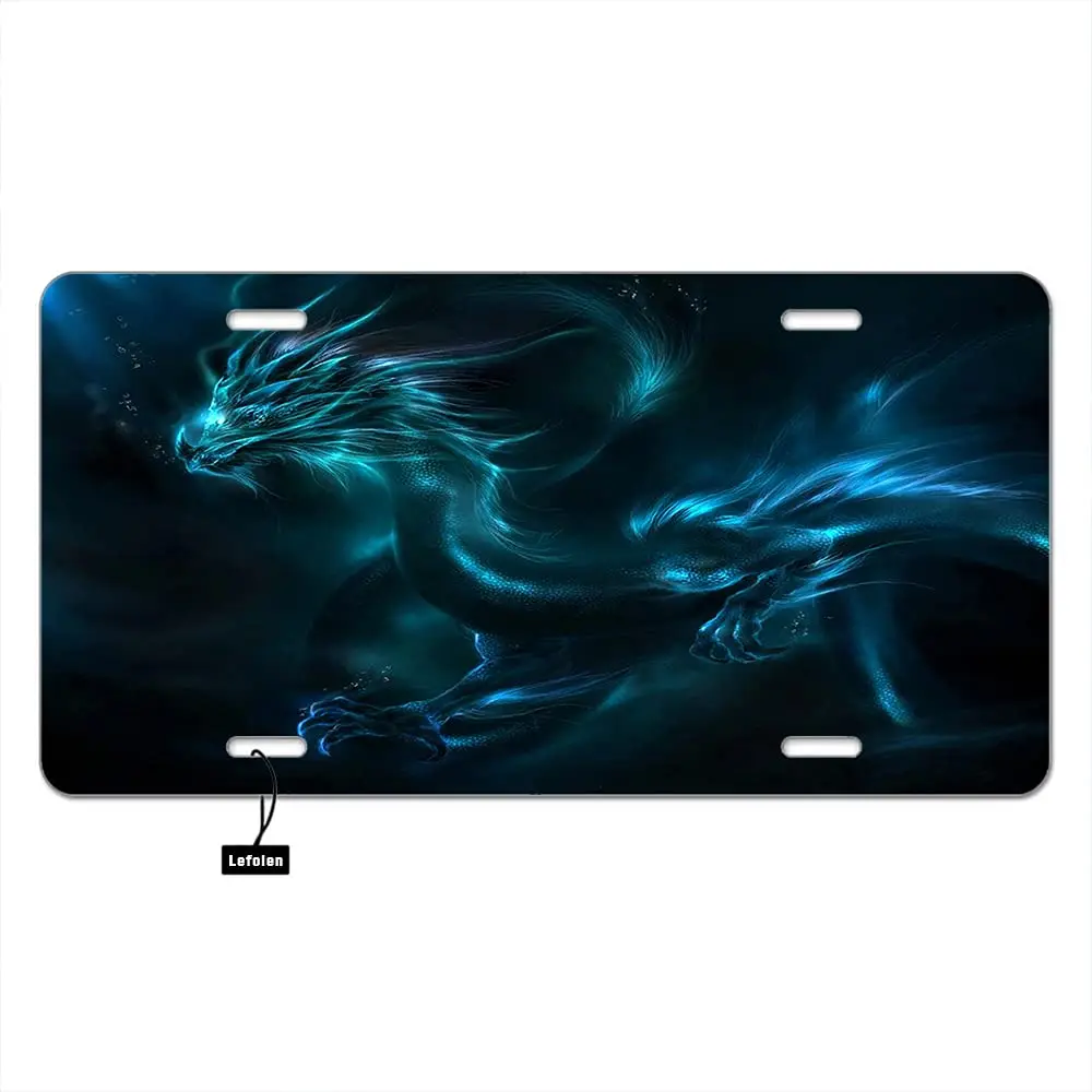 Blue Dragon Front License Plate Covers Vintage Chinese Animal Fire Flame Flying On Air Galaxy Black Decorative Car Metal Plates