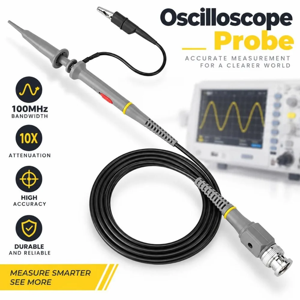 2PCS 100MHz Bandwidth Oscilloscope Probe x1 x10 Attenuation 10Mohm Input Resistance BNC Probe Compensation Adjustment