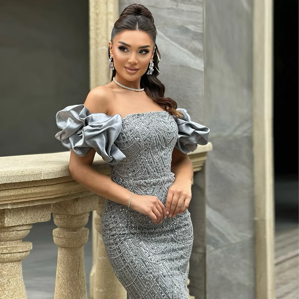 Elegant Mermaid Evening Dress with Dubai Pearls Off-the-Shoulder Long Luxury Gown for Women 2025 Prom Wedding Party Customized image 4