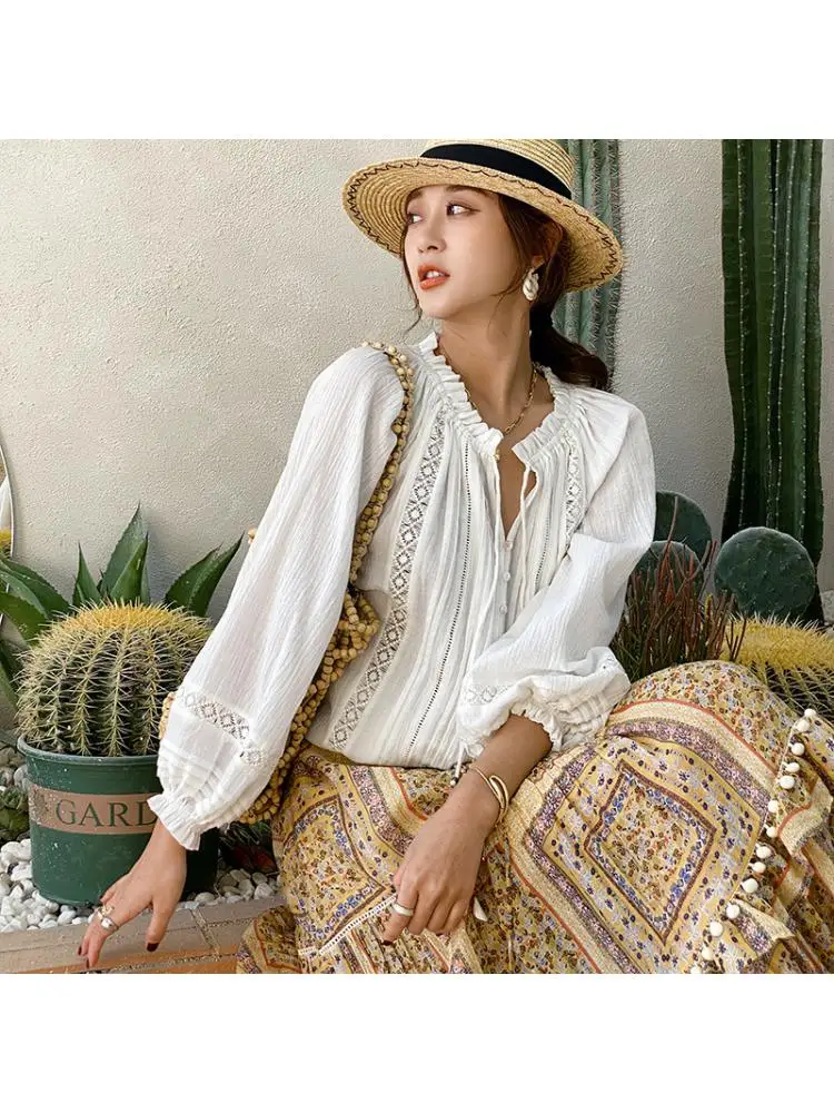 Spring 2023 Long Sleeve Casual Shirt French Style White Loose Hook Flower Hollow Single Breasted Cotton Women Blouses Tops