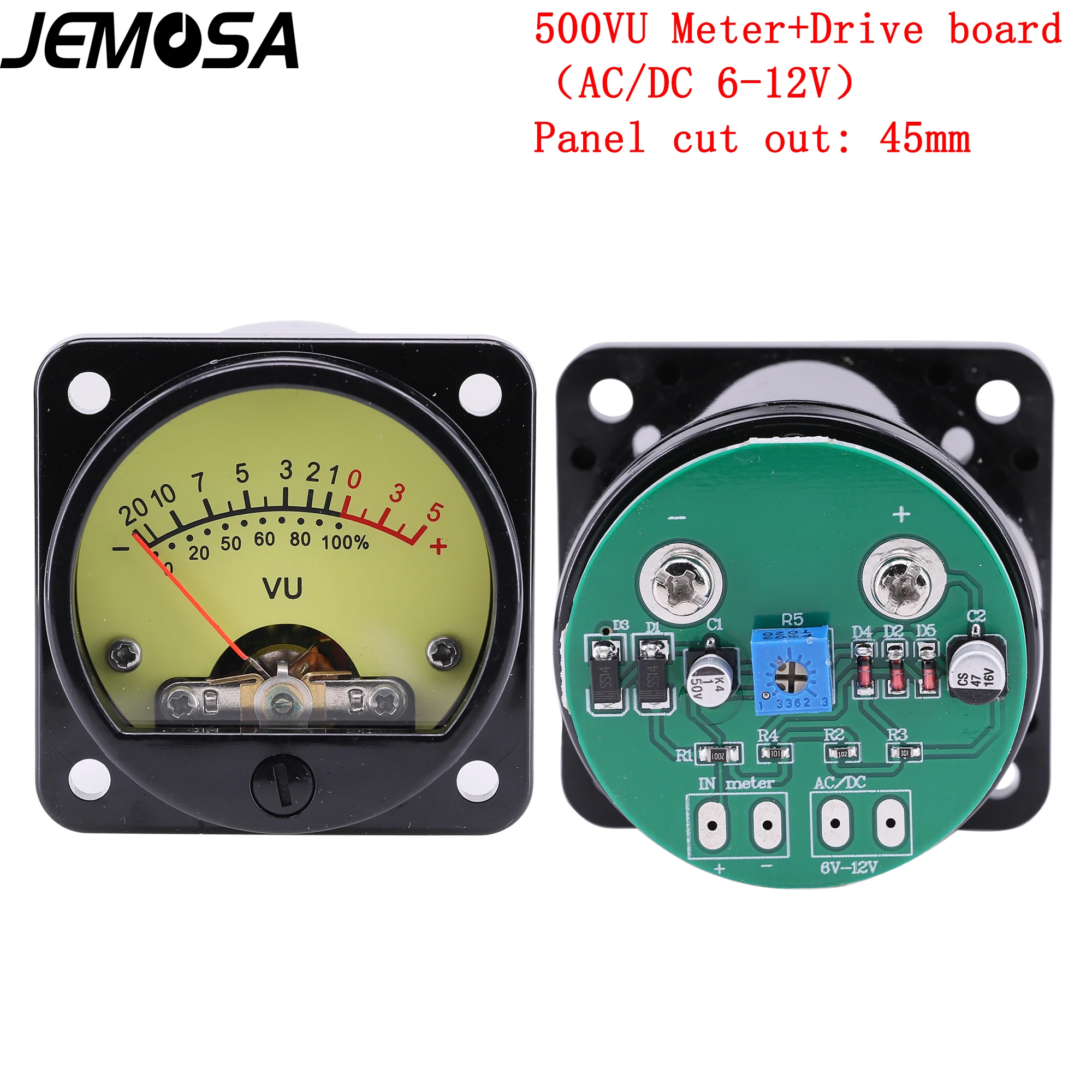 

45mm Panel VU Meter 500VU with Warm yellow Backlight Sound Pressure Meter+ VU level Audio meter driver board DC/AC 6-12V input