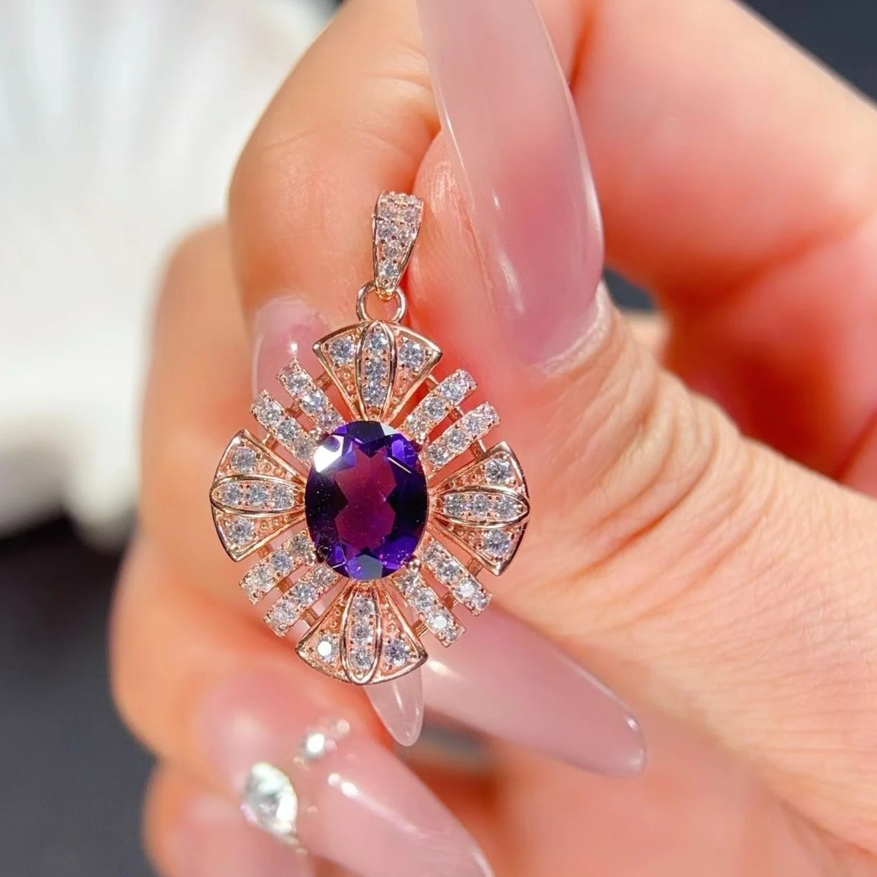 

925 Sterling Silver Natural Amethyst Pendant Certified Fine Jewelry Rose Gold Sunburst Halo Gemstone Necklace Pendant
