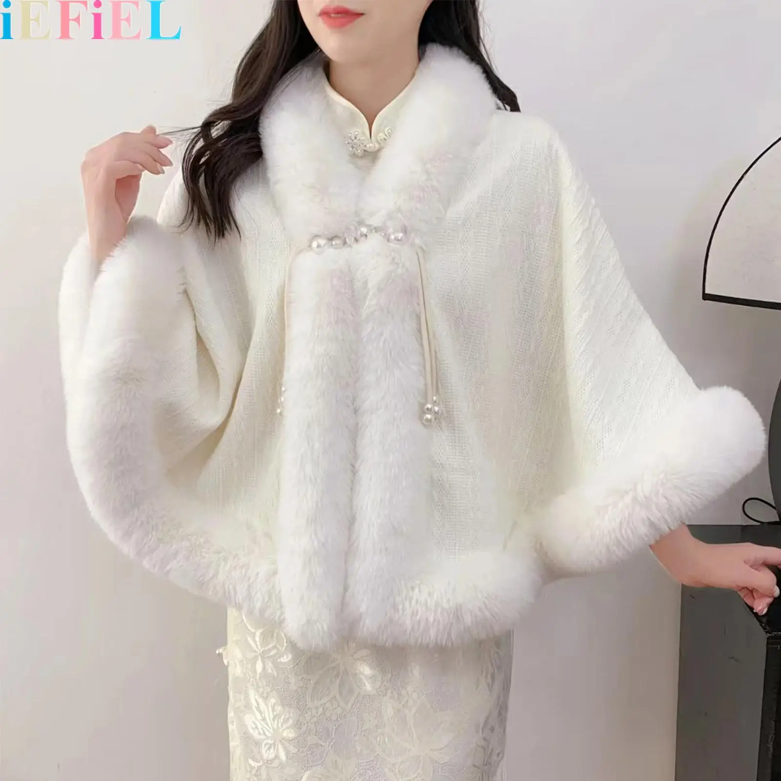

Women Open Front Faux Fur Trim Cape Cardigan Sweater Coat Wedding Bride Cloak Cape Shawl for Evening Party