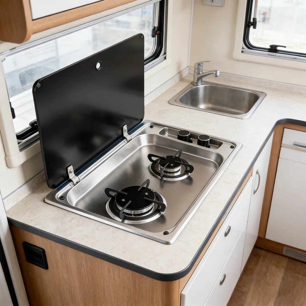 

Газовая плита JDA Premium из пищевой нержавеющей стали 304 с 2 конфорками для автодомов, прицепов, кемперов, лодок, автодомов на колесах и караванов