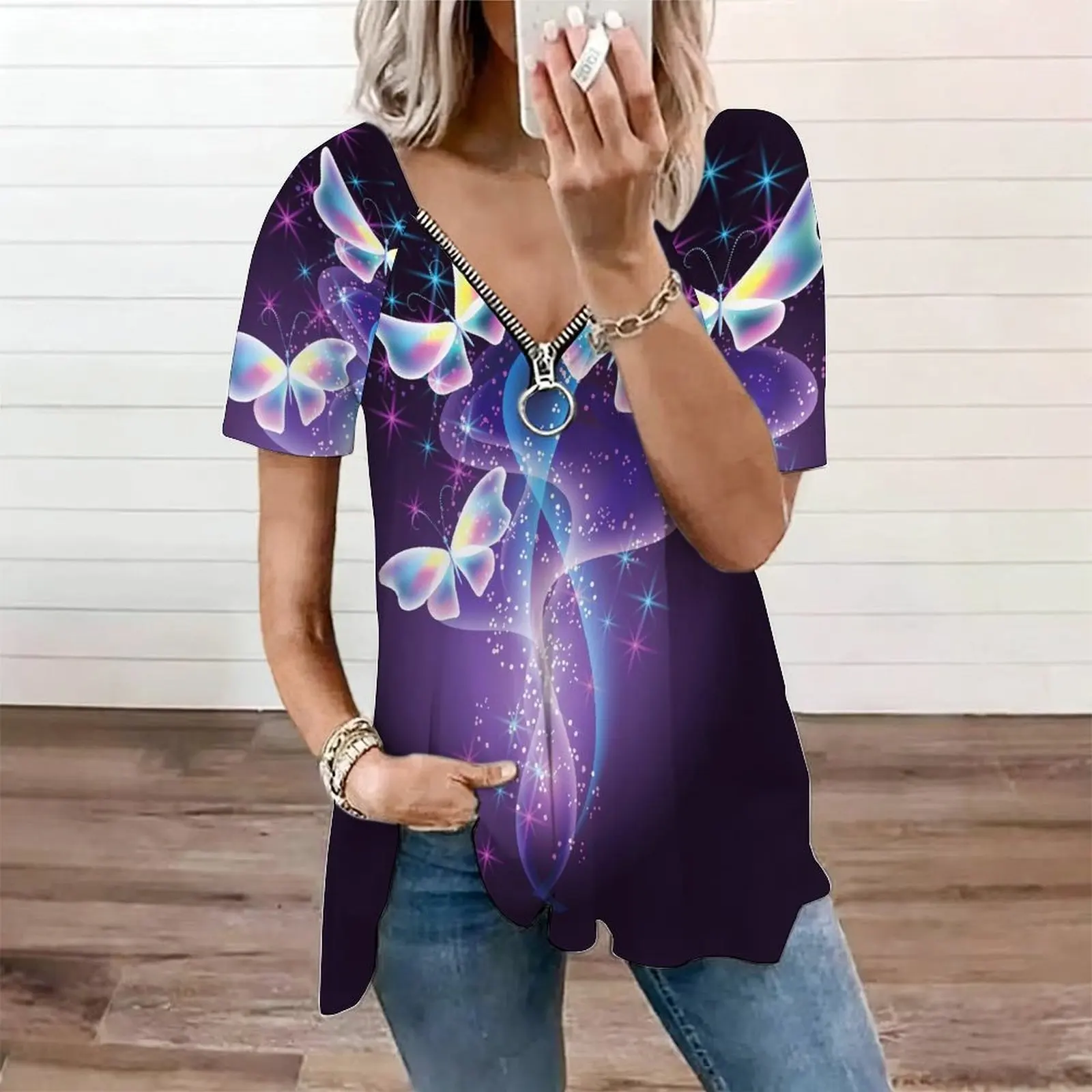 Women Butterfly Floral Print Zip V Neck Irregular Hem Short Sleeve Casual Tunic Tops