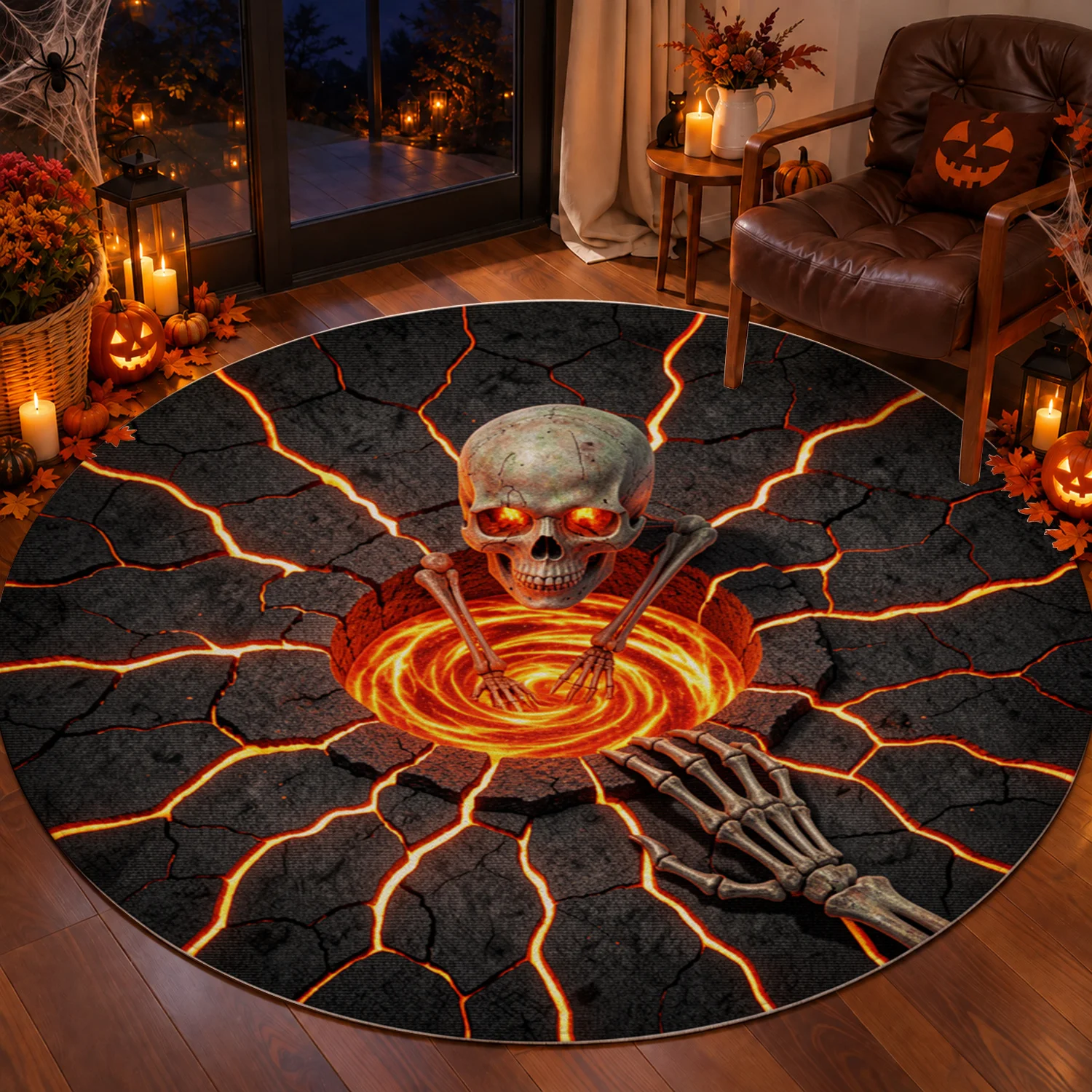 Fiery Skull Lava Crack Pattern Round Rug, Velvet Material, Machine Washable Soft Plush Area Rug for Living Room, Bedroom, Entryway, Halloween Thanksgiving Christmas Holiday Decor for Black Friday Cyber Monday New Year Celebrations