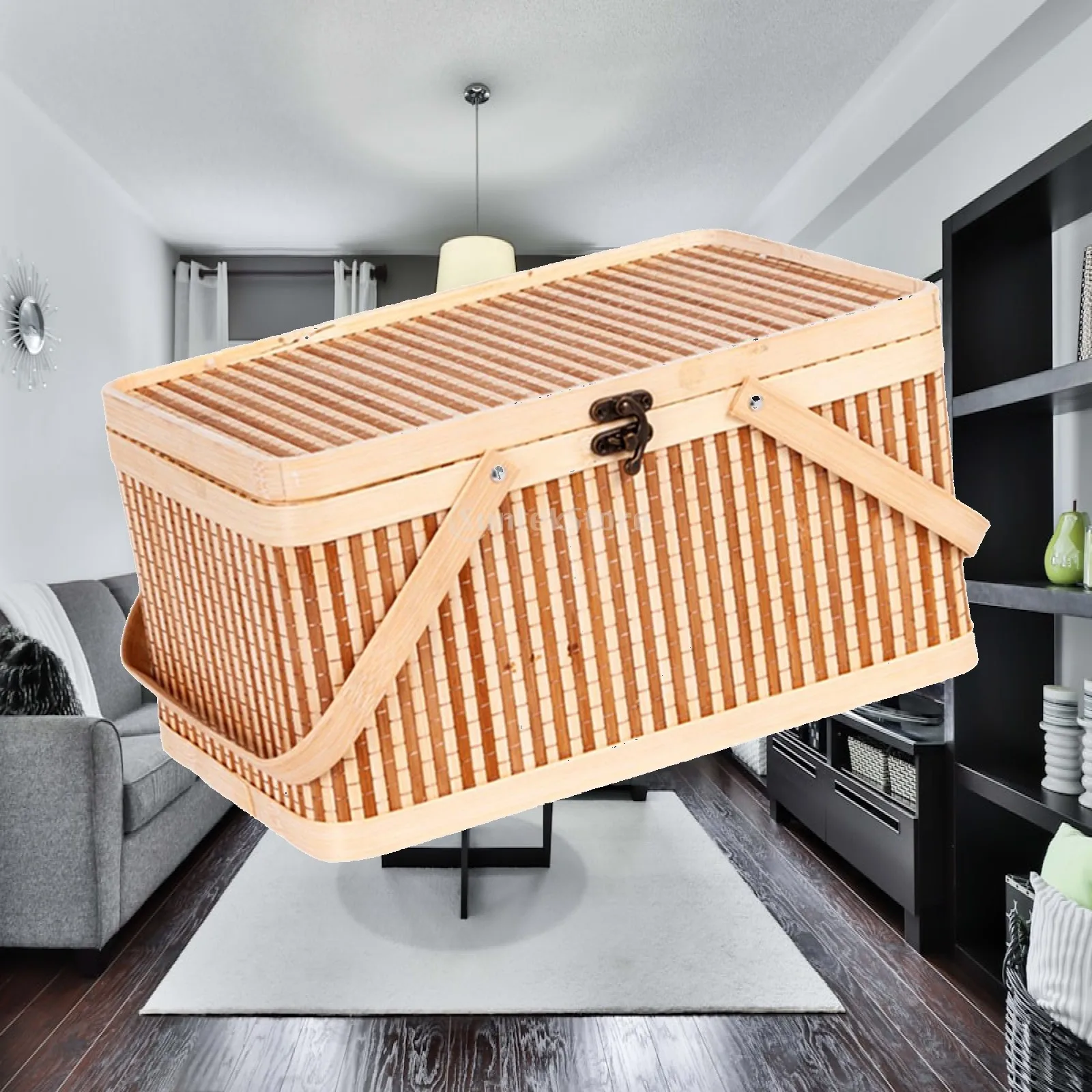 

Woven Bamboo Basket with Top Handle Picnic Storage Organizer Basket for Family Home Events