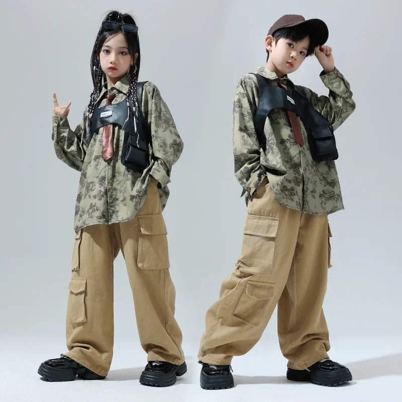 Vintage Jazz Print Shirt Tops Casual Cargo Jogger Harem Pants Girl Boy Jazz Dance Costume Clothes Kids Hip Hop Showing Clothing