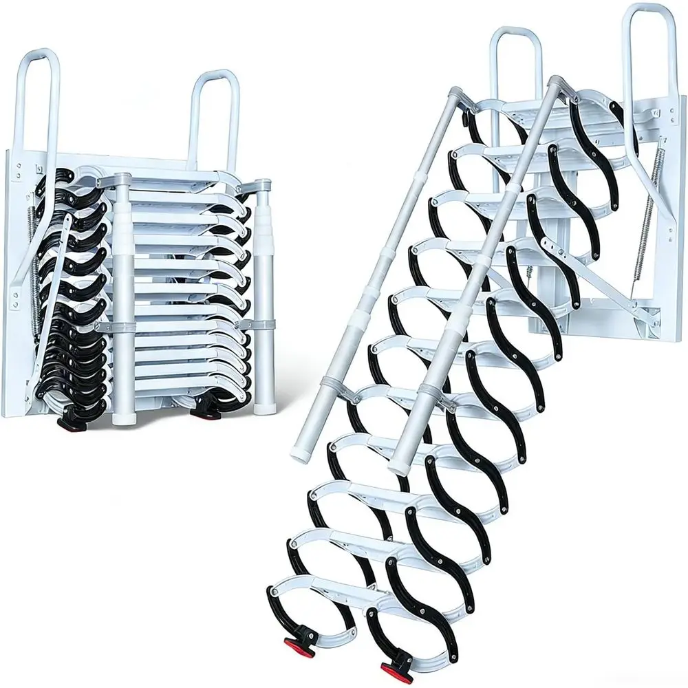 

10-Foot Telescoping Attic Ladder with 12 Steps, Wall-Mounted, Folding, with Armrests and Handrails