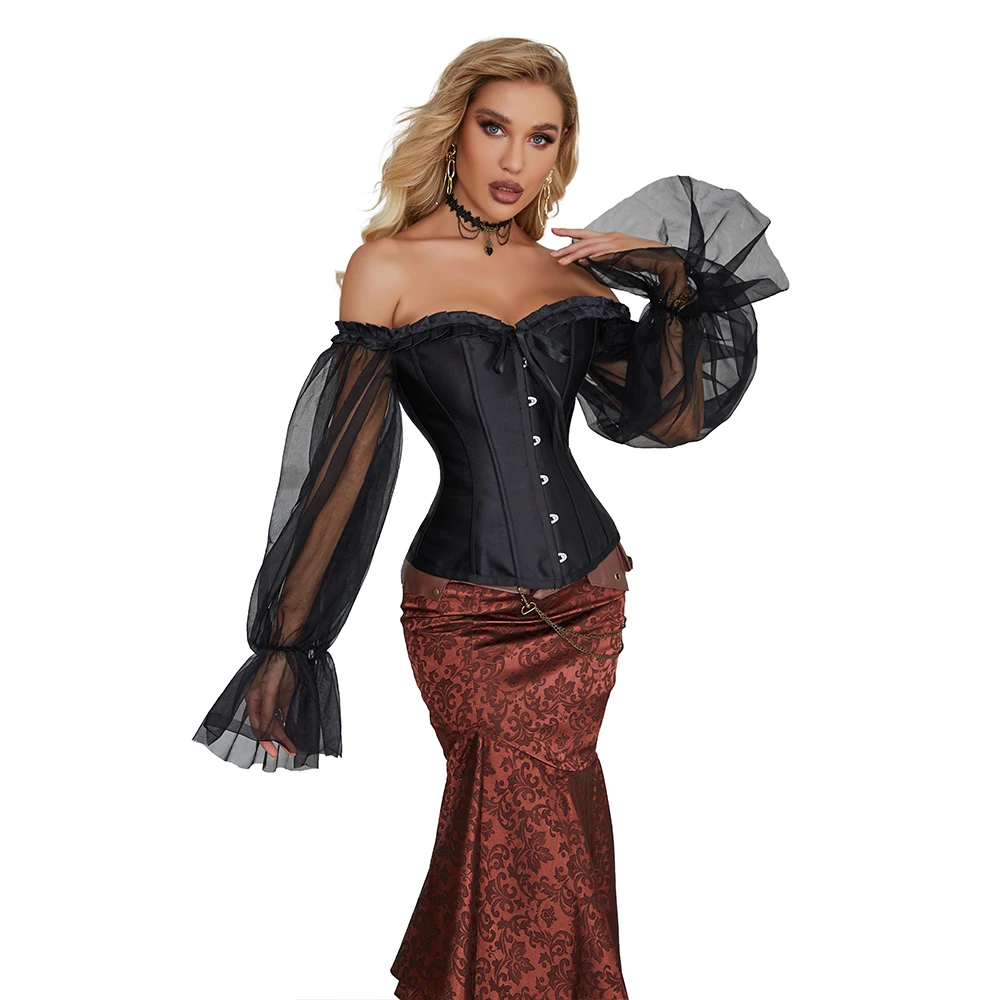 Off Shoulder Gothic Corselet Overbust Corset Black Sheer Long Sleeve Bustier Top Korset Basques