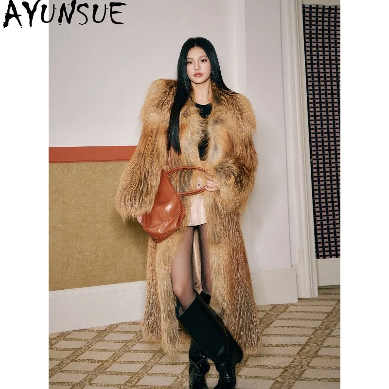 AYUNSUE Real Fox Fur Coats Woman Winter Fur Jacket Square Collar Outerwears Luxury Long Fur Coat Woman Clothes Manteau Femme
