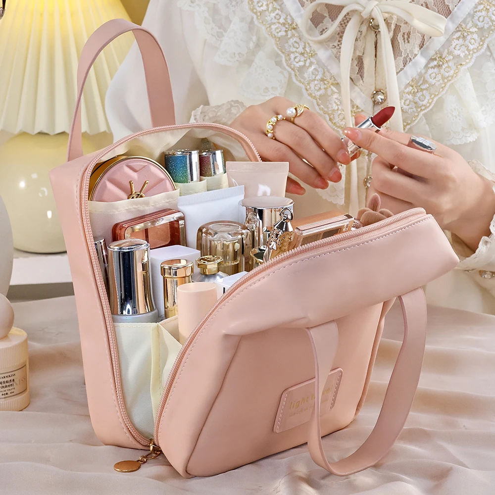 Shell Shape PU Leather Cosmetic Bag Waterproof Letter Makeup Pouch Bag Multifunction Carry-on Makeup Tote Travel Wash Bag