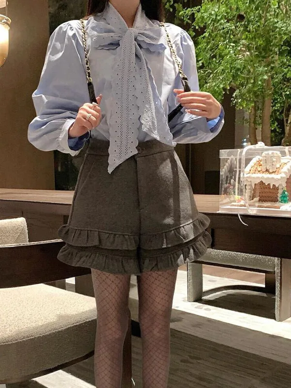 

Stylish Blue Sash Shirt Women's Fashionable Slimming Beautiful Versatile Top Korean Style Loose Fit Long Sleeve Polyester Fiber