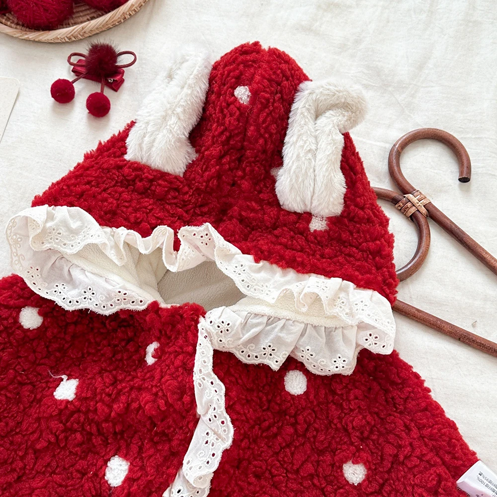 Christmas Girls Red Polka Dots Fleece Cape Coats Warm Thickened Outdoor Kids Shawl Coat Children Lace-Trimmed Cloak Outerwear