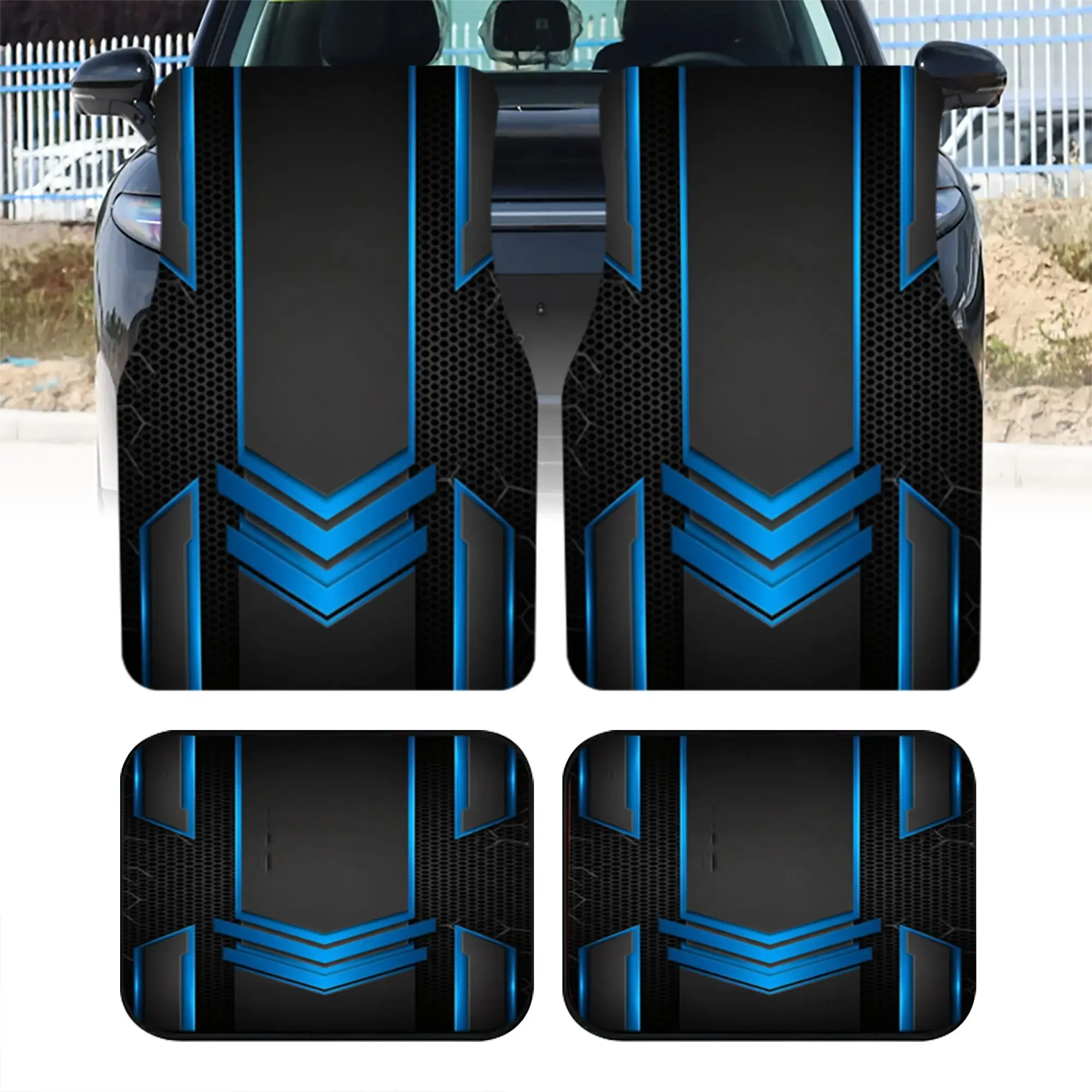 2pcs/4pcs Polyester Fiber Set, Blue Geometric Pattern Car Floor Mats, Stylish Print Design, Universal Fit For Most Vehicles