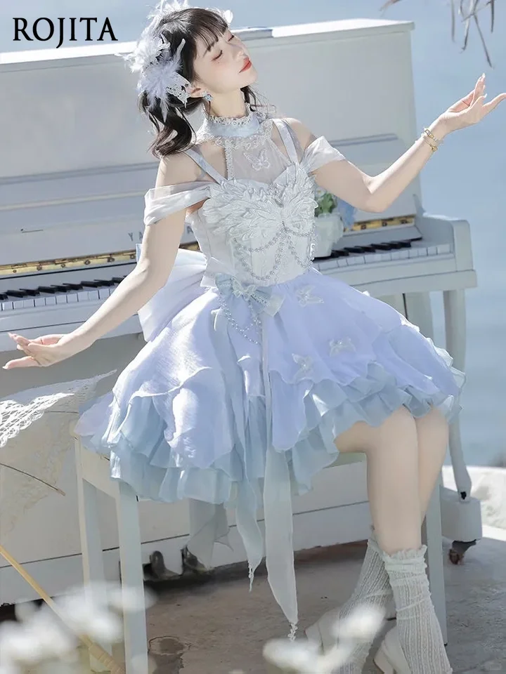 

Swan Lake Lolita Princess Dress Mini Evening Dress Schoolgirl Bar Mitzvah Party Dresses Blue Sleeveless Suspender Summer Dress