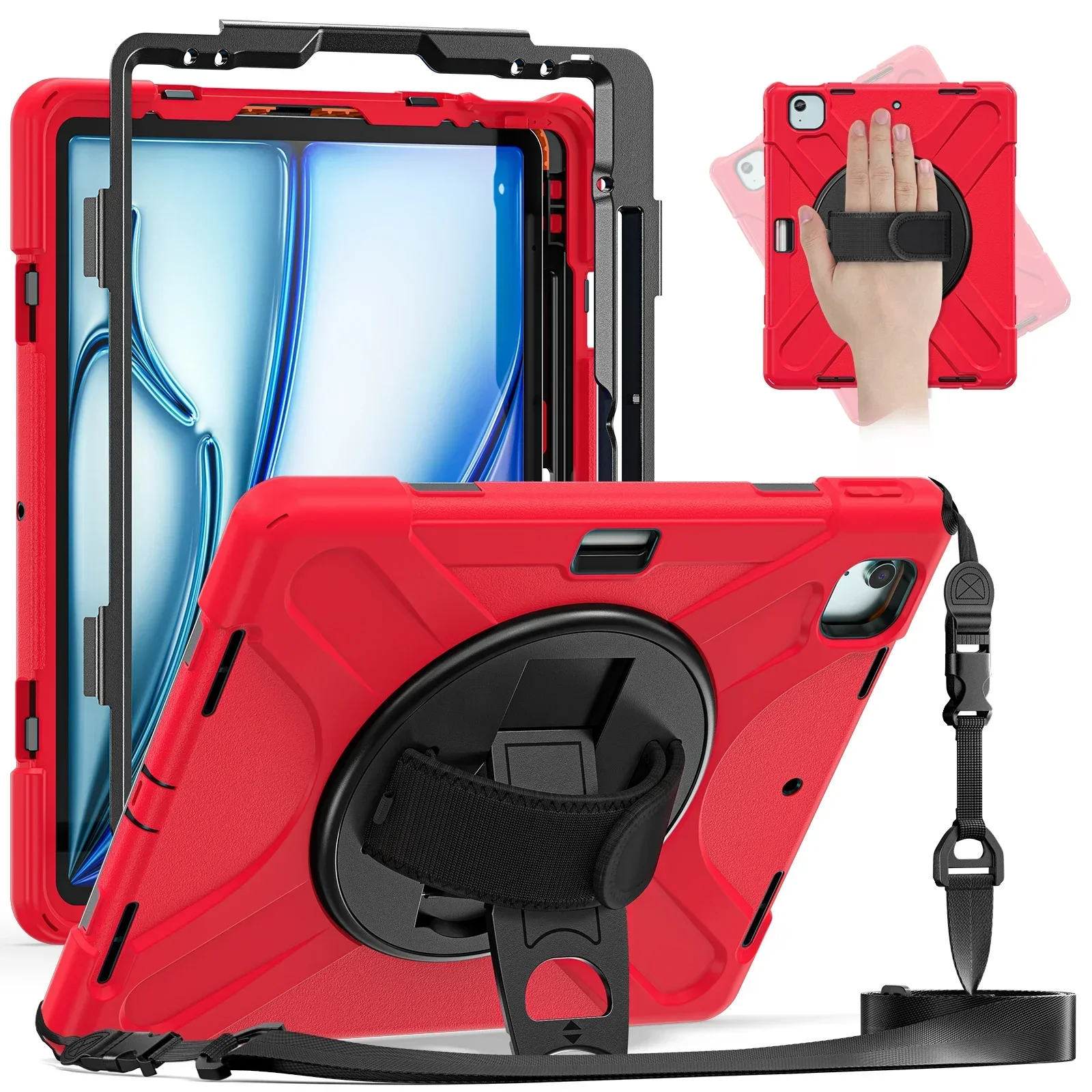 Kickstand Shockproof Tablet Case for iPad A16 11th Air 11 Air 13 Heavy Duty Protective Cover with Shoulder Strap & Pencil Holder