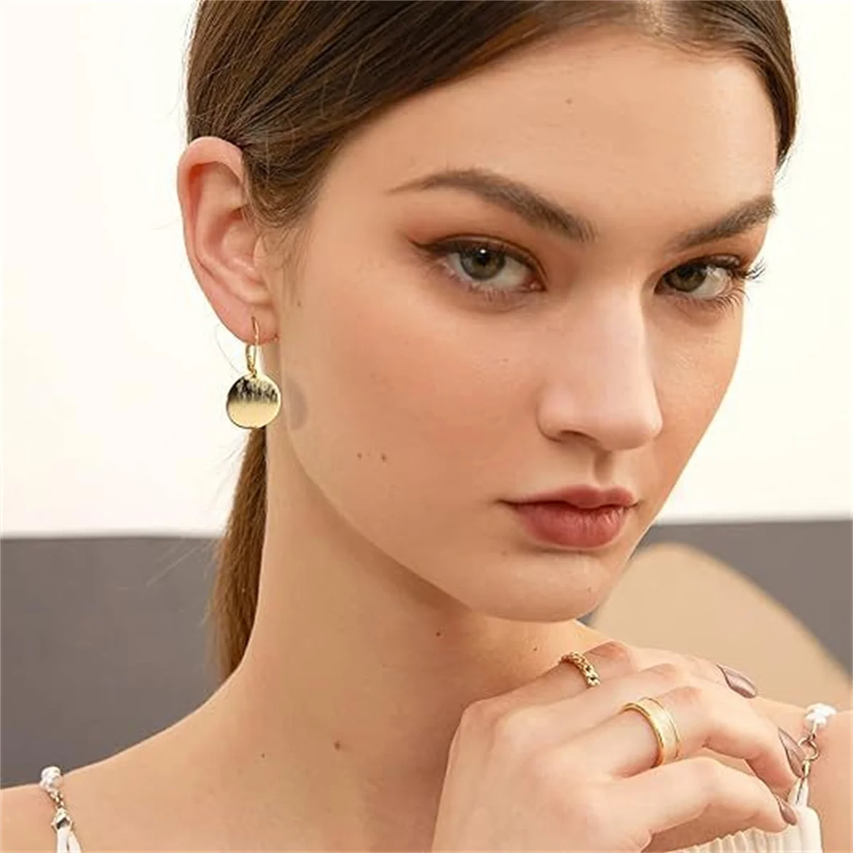 14K Gold Dangle Earrings for Women Lightweight Circle Disc Coin Flat Brushed Drop Earrings Hypoallergenic Leverback Earrings