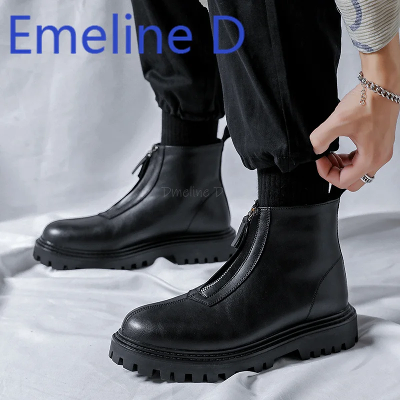 

British Style Chelsea Boots Men's Fashion Spring and Autumn Style Zipper Design Thick Sole Height Increase High Top Short Boots