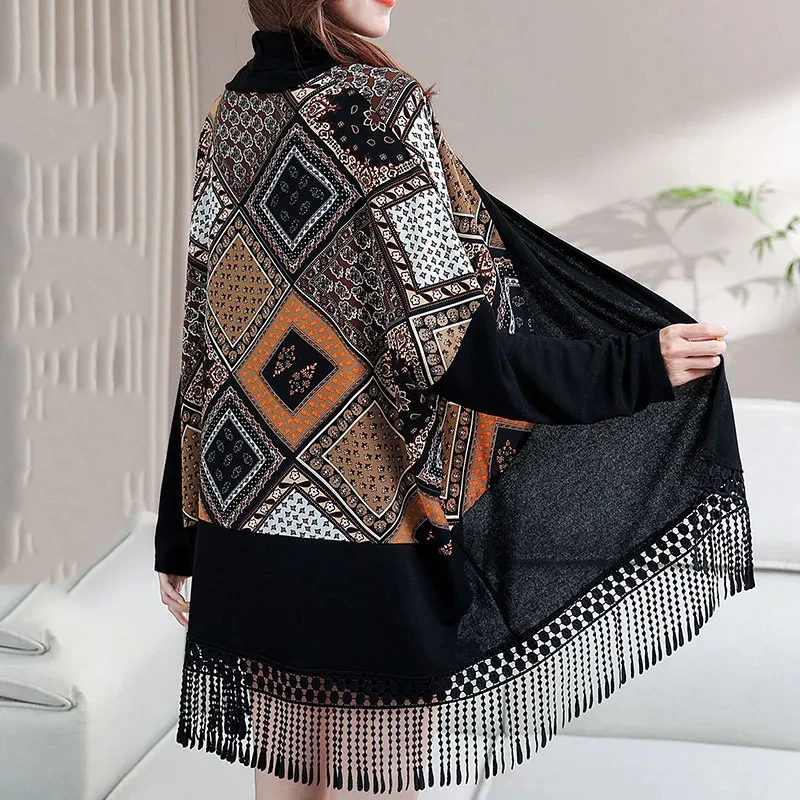 

Spring Autumn New Knitted Casual Shawl Coats Color blocked Long Sleeve Tassel Large Size Cardigan Medium to Long Outfit