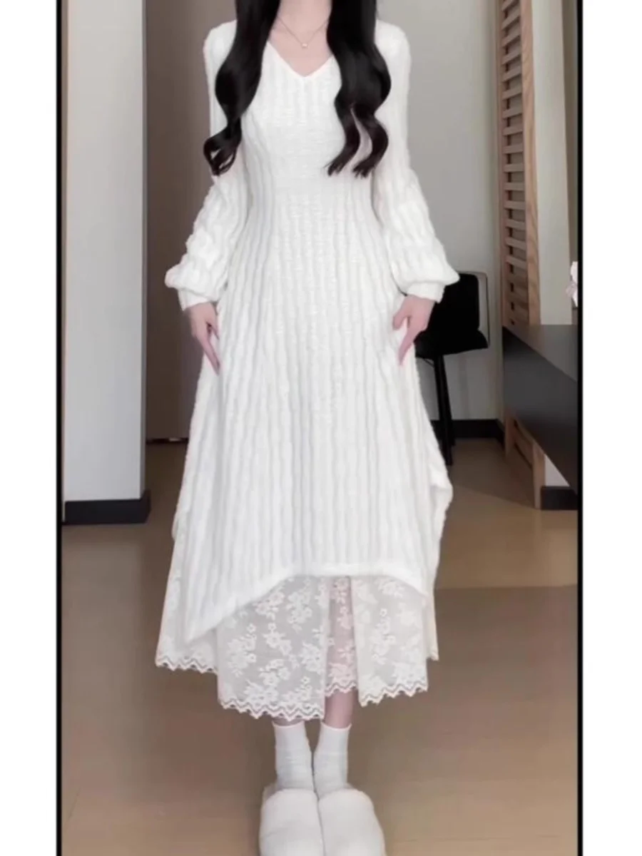 Plus size malha longa sve dr camisola de camada base feminina dr renda emenda longo dr casual sle a linha silhueta