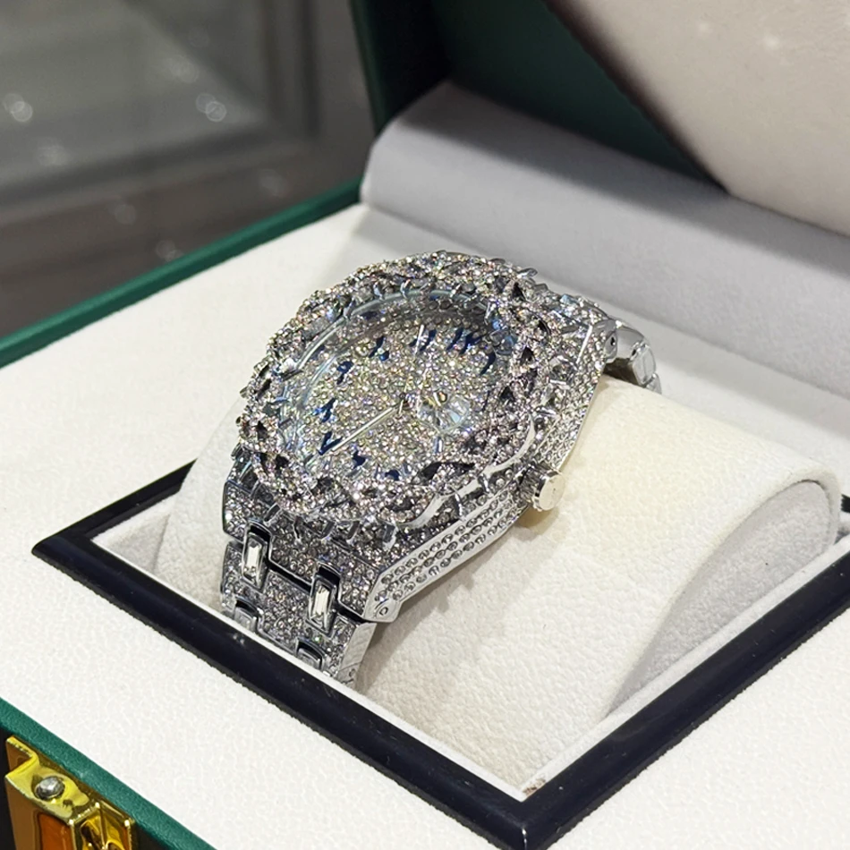 PINTIME ساعة سوداء رائعة للرجال الفاخرة شوكة تاج ساعات كوارتز موضة الهيب هوب مثلج الماس ساعة اليد رجل دروبشيبينغ