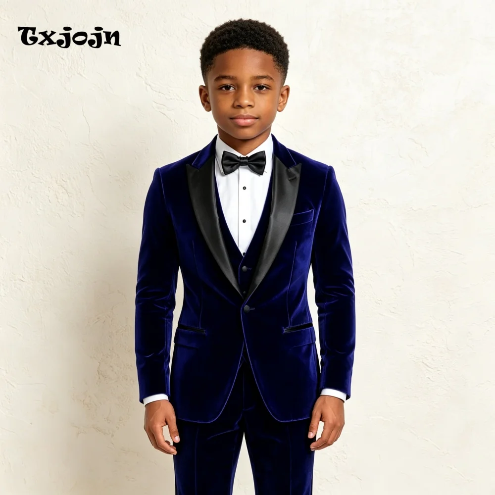 Formal Suit for Boys Wedding Tuxedo 3 Piece Classic Velvet Dark Blue Jacket Pants Vest Kids Blazer Set Slim Fit Tailored Outfit