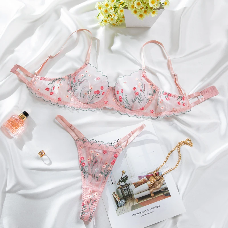 Bikini lingerie set with high-quality skin-friendly mesh, floral embroidery, underwire push-up bra, and pure desire swimsuit
