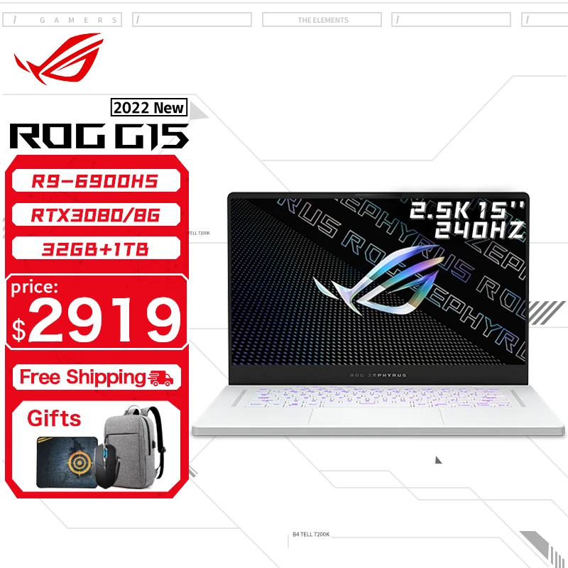 ASUS – pc portable ROG Zephyrus G15 pour jeux vidéo, écran RTX3080-8GB K, 15 pouces, AMD Ryzen 9 6900HS, 32 go de RAM, 1 to de SSD, 2.5K, 240hz15