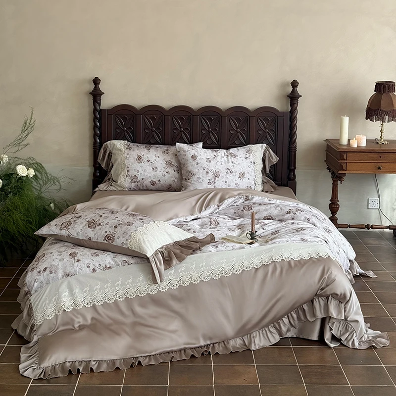 

600TC Lyocell Bamboo Fiber Soft Silky Bedding Set Vintage Rose Print Lace Ruffles Duvet Cover Bed Sheet/Fitted Sheet Pillowcases