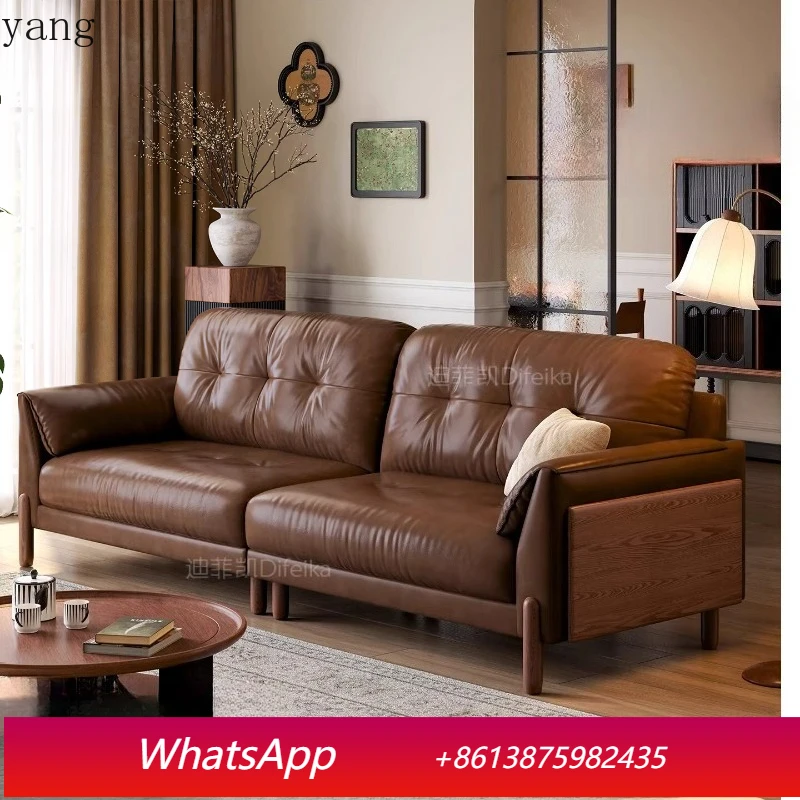 

LTT vintage leather sofa living room three-seater small French vintage solid wood sofa