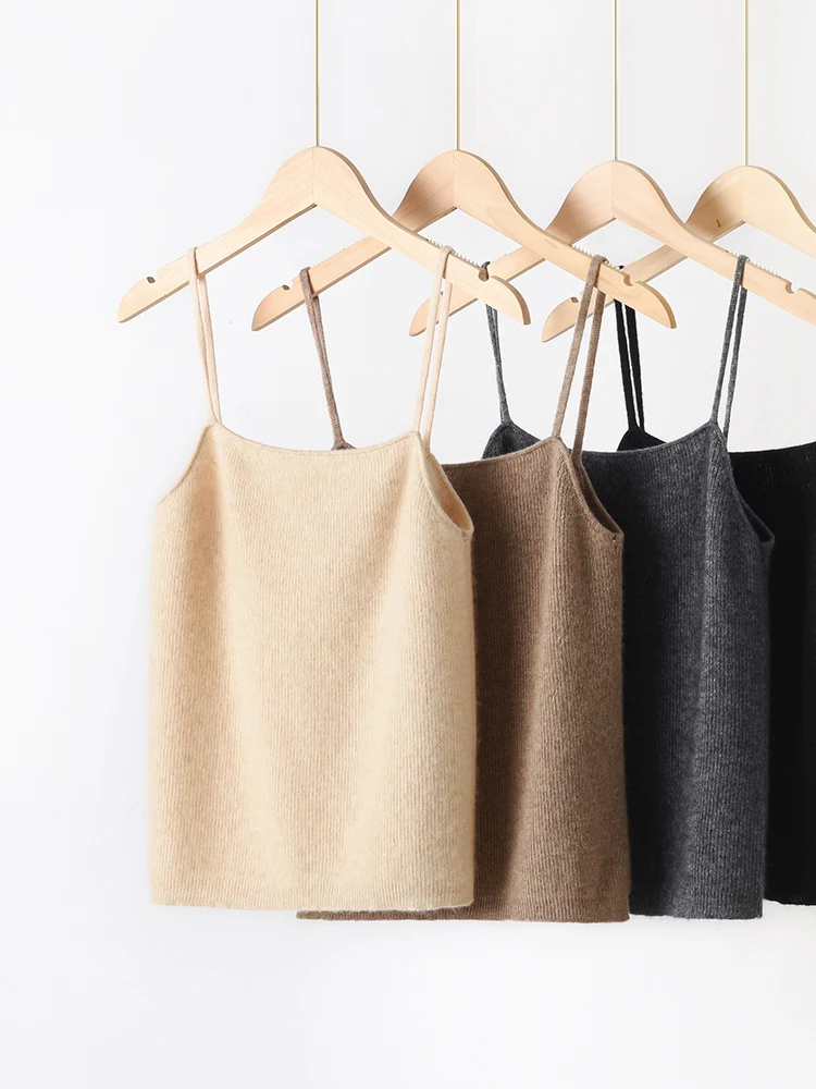 Spring Summer 100% Cashmere Sweater Women Vest Simple Sleeveless Pullover Thin Shoulder Strap Soft Knitted Cool Basic Short Tops