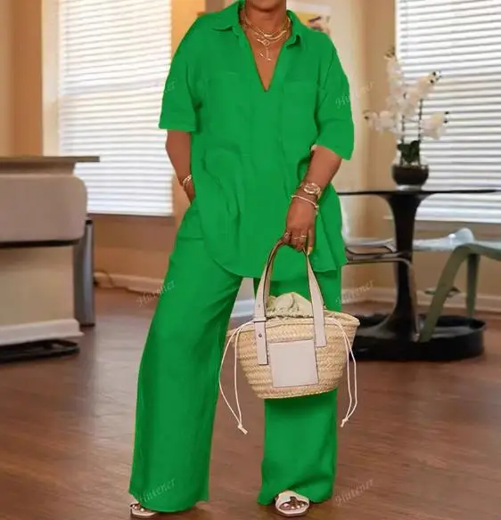 

2025 spring/summer new two-piece women's plus size solid color casual V-neck short sleeved top and wide leg pants with pockets