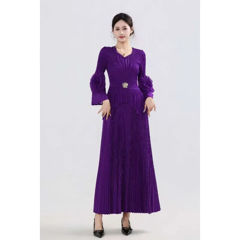 أوروبا الجديدة مياكي فستان بأكمام طويلة الزهور مكرنك اليد مطرز تصميم غير منتظم بسيط كبير الحجم مطاطا المرأة تنورة طويلة #3