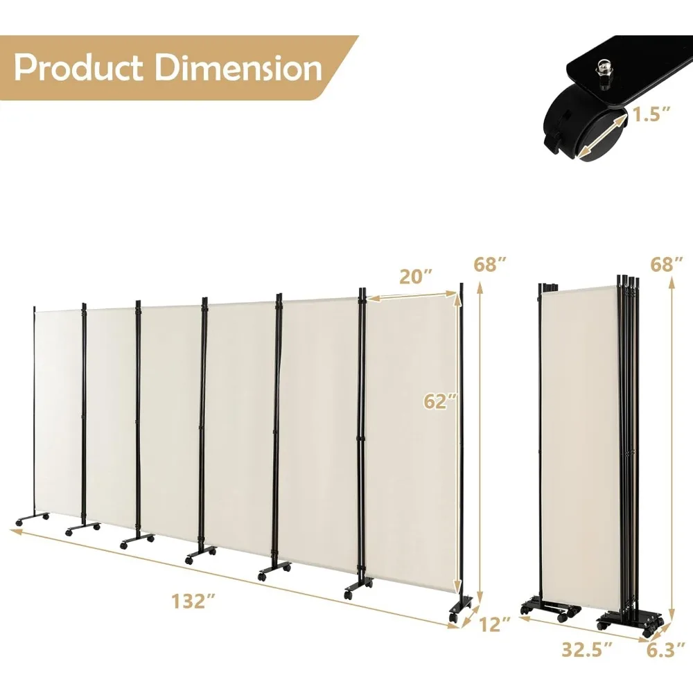 6 Panel Folding Room Divider, 6FT Rolling Privacy Screen with Lockable Wheels, Portable Room Partition Screen,