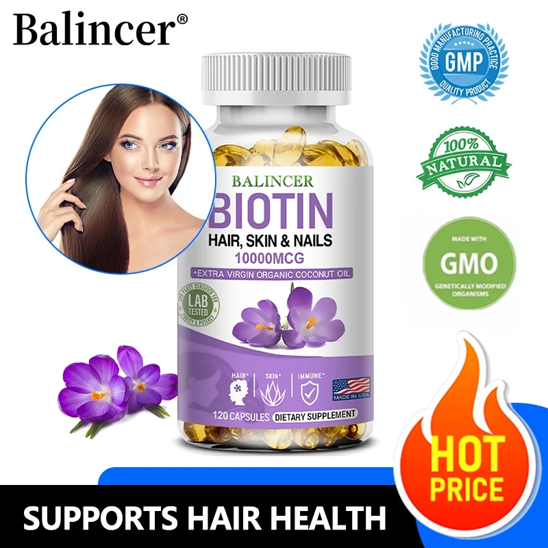 Biotin 10000 mcg - Hair Growth Supplement - Helps Nails and Skin, Immunity, Suitable for Men and Women