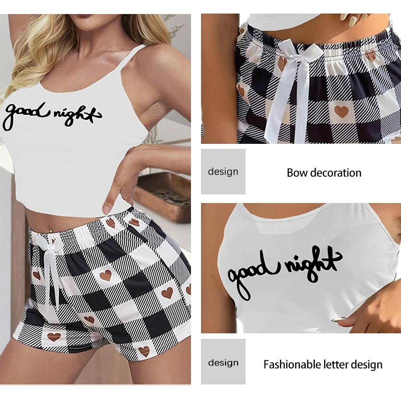 Two Piece Women\'s Summer Home Set with Round Neck Suspender Letter Vest Bow Plaid Shorts Pajama Set