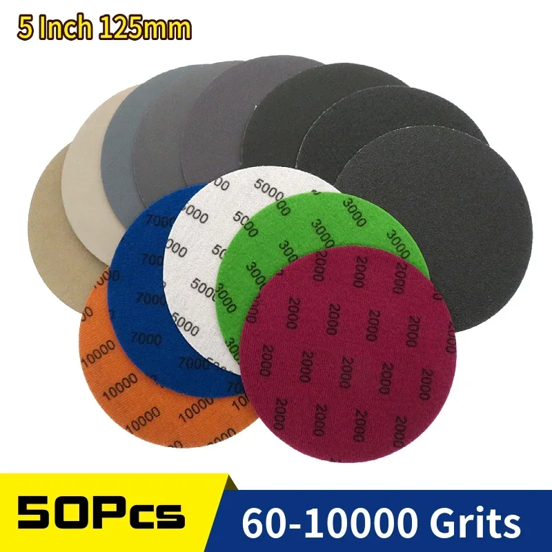 

50Pcs 5 Inch 125mm Waterproof Sanding Discs Hook Loop Silicon Carbide Sandpaper Wet/Dry 60 -10000 Grit for Polishing Grinding