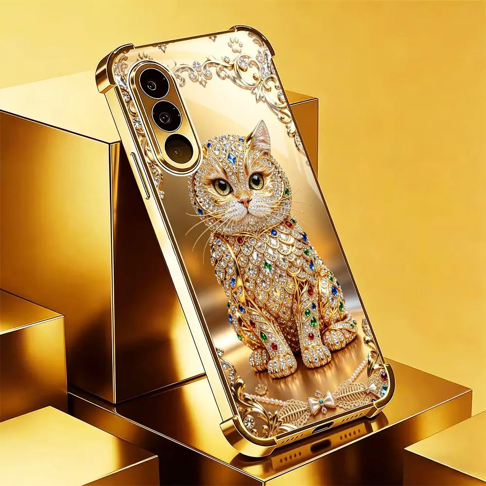 Cute gemstone gold cat Tempered Glass Fashion phone case for Samsung Galaxy S26/S25/S24/S23/S22/S21 FE Ultra Plus Dropresistant
