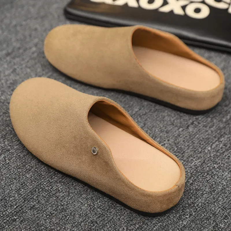 Men's Slip-On Office Shoes Soft Bottom Half Slippers Casual Style Synthetic Leather Inner Breathable Thick Bottom Rubber Sole