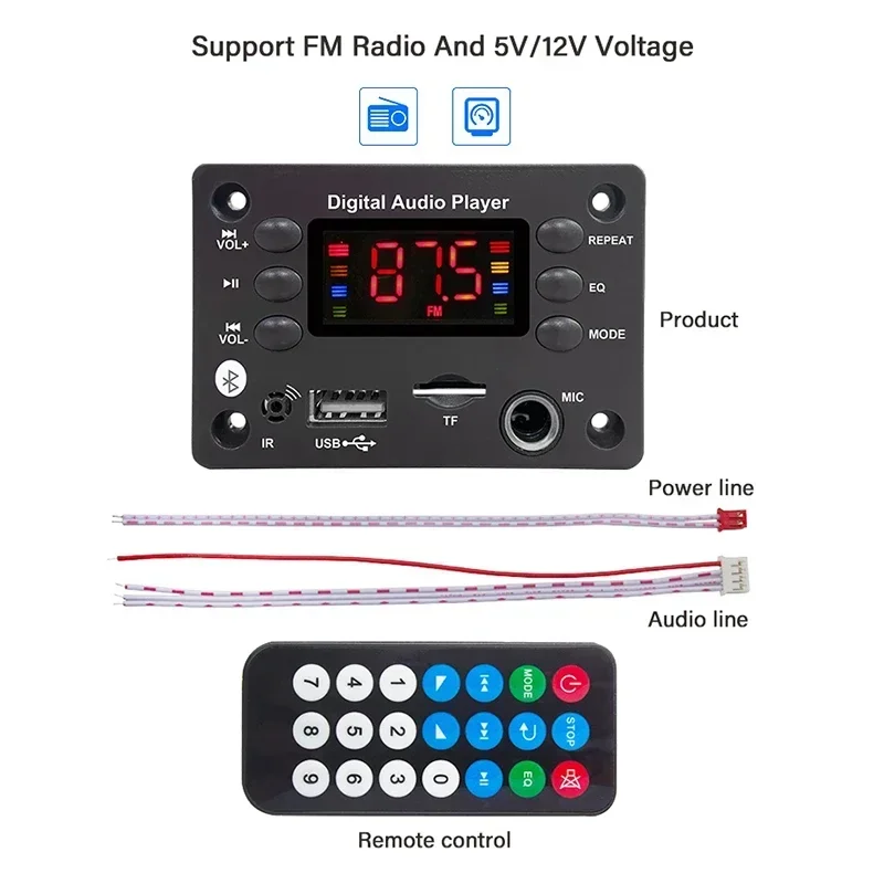 

USB TF FM Radio Mp3 Music Player Speaker DC 5V 12V Bluetooth 5.0 MP3 WMA WAV APE Decoder Board Hands-free Car Audio Microphone