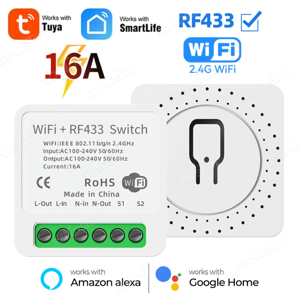 

16A Tuya WiFi Mini Smart Switch RF433 Relay Receiver DIY Smart Home Automation Controller 2-Way Control Works with Alexa Google